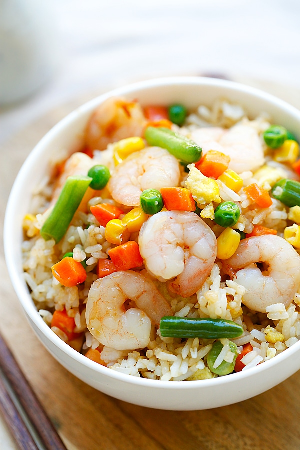 Healthy homamde Shrimp fried rice in a bowl ready to serve.