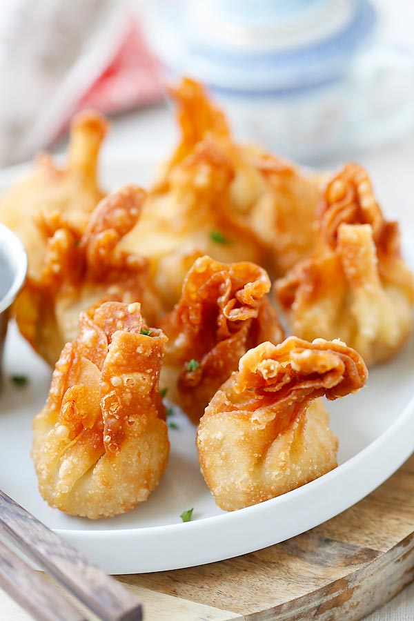 Homemade Asian deep fried crispy chicken wontons.