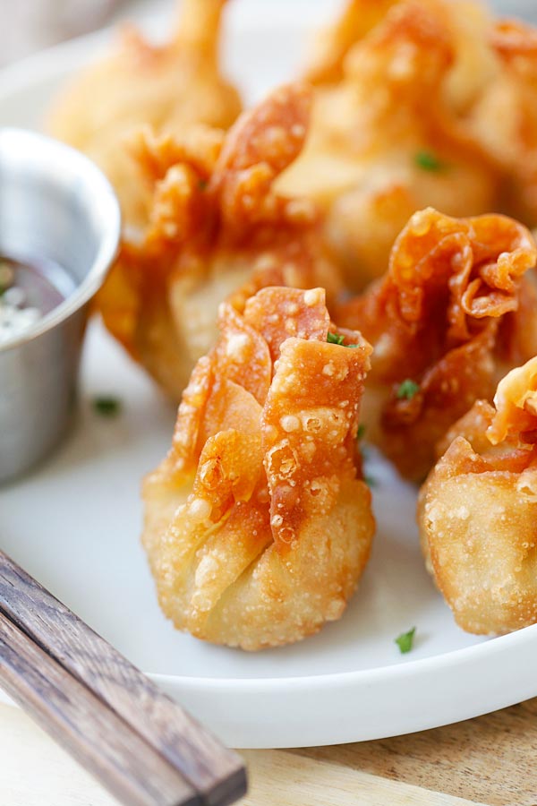 Close up of homemade wrapped crispy chicken dumplings.