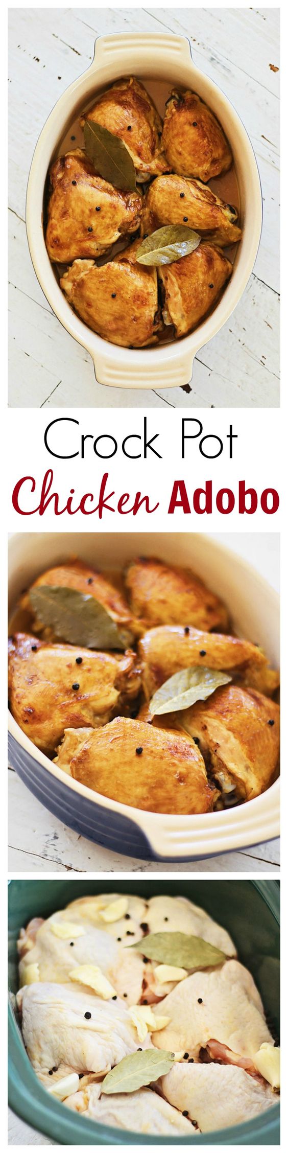 Crock Pot Chicken Adobo – the best and easiest chicken adobo in a crock pot. Just add the chicken, garlic and seasonings and dinner will be ready | rasamalaysia.com