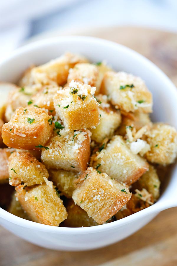 Super crispy homemade croutons served in a bowl.
