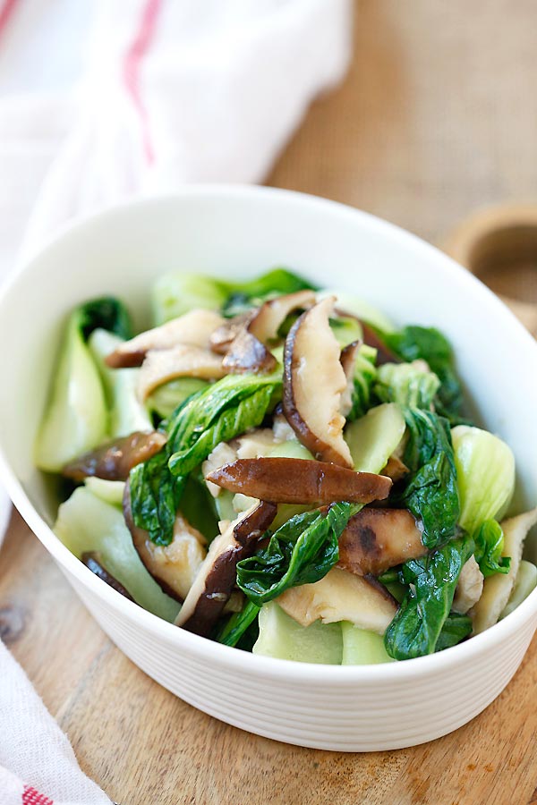 Healthy homemade garlic mushroom bok choy, ready to serve.