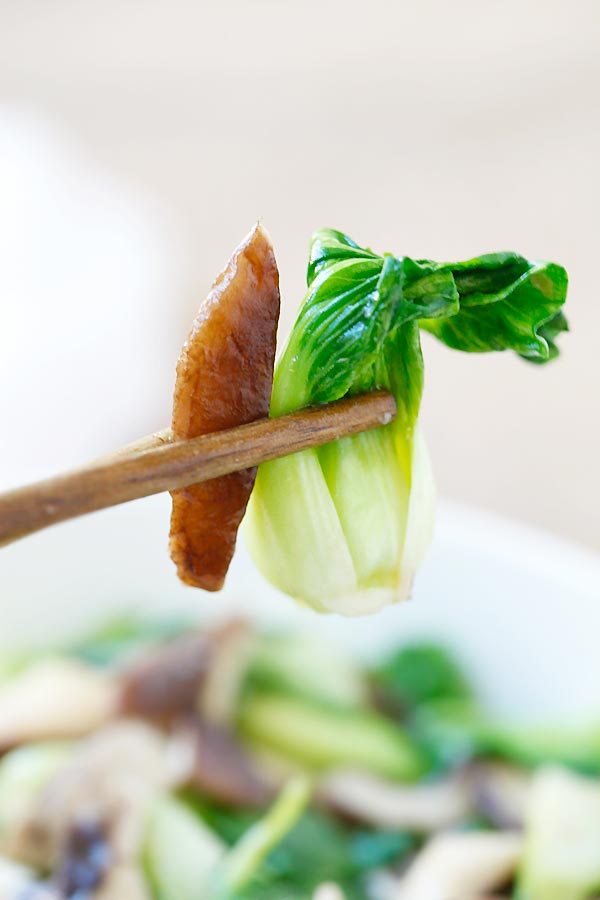 Close up of bok choy and mushroom picked by a pair of chopsticks.