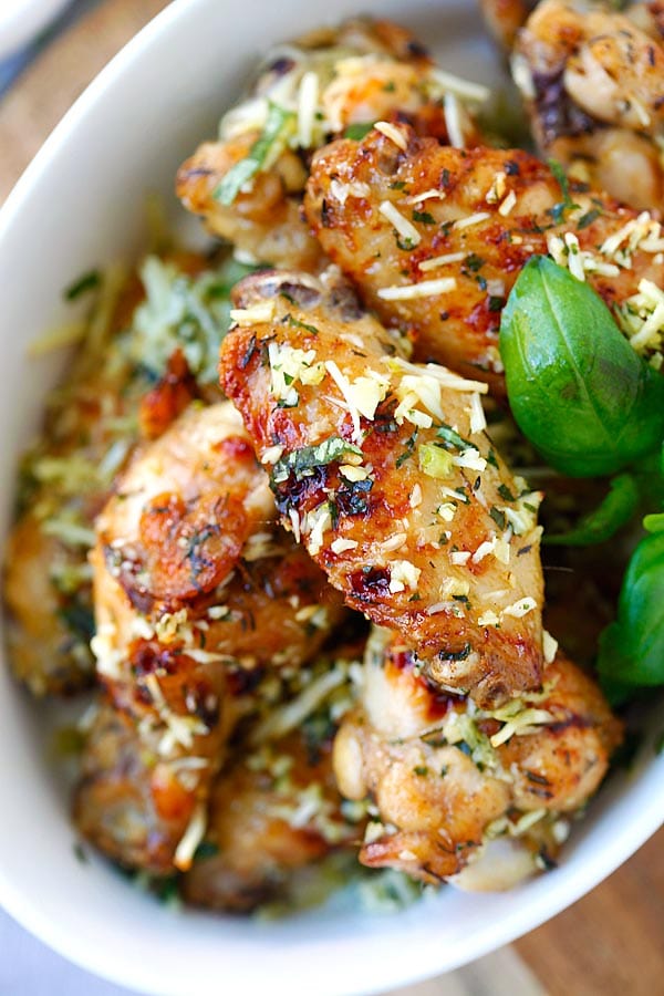 Top down view of Baked Parmesan Cheese Garlic Chicken Wings.