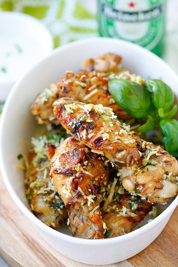 Healthy homemade Baked Parmesan Garlic Chicken Wings in serving dish.