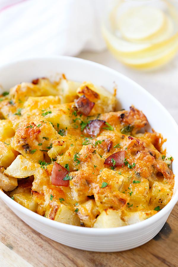 Chicken casserole with potato bake.