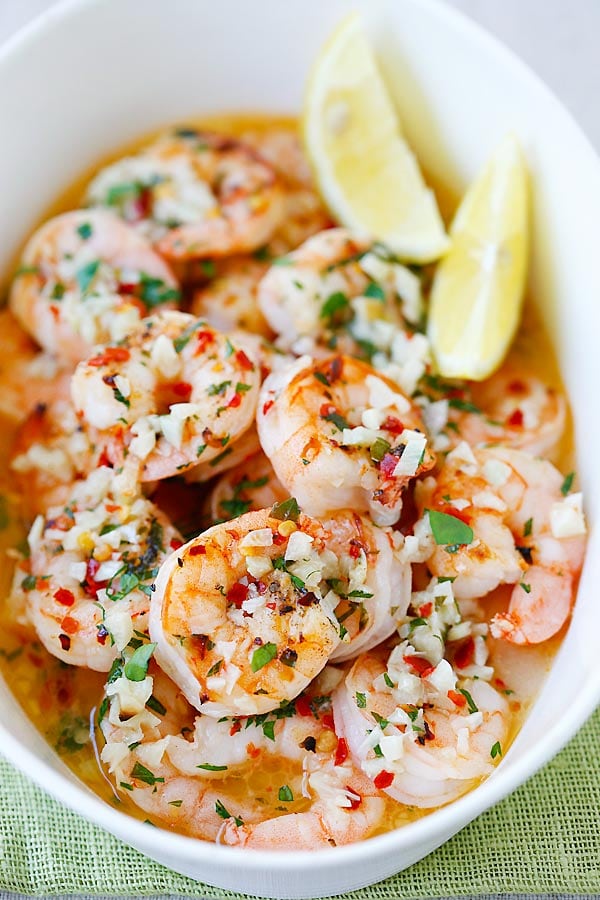 Homemade healthy roasted shrimp scampi in a serving dish.