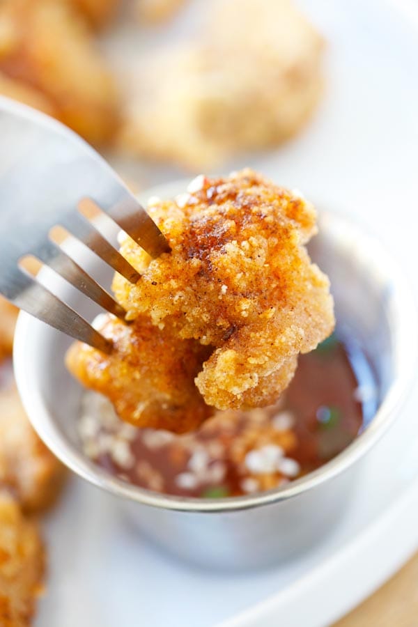 Asian Popcorn Chicken with a fork.