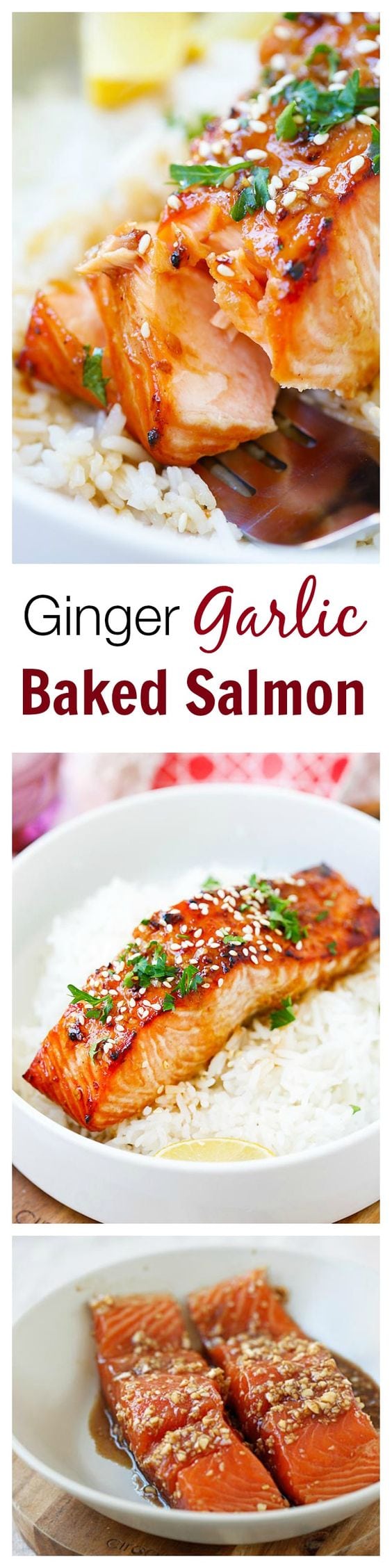 Ginger Garlic Baked Salmon – the best and easiest salmon recipe ever! Moist, flavorful, juicy, and takes only 10 mins to prep. So good you want seconds!! | rasamalaysia.com