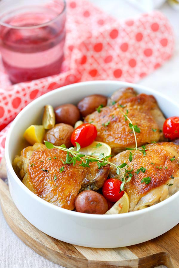 Braised Lemon-Garlic Chicken and Potatoes recipe in a serving dish.