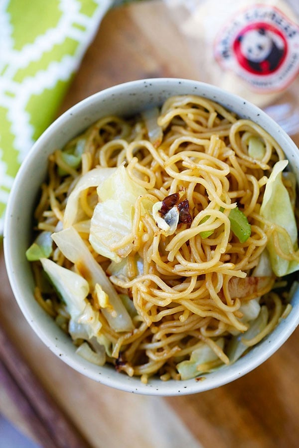 A delicious Panda Express copycat chow mein in a bowl with assorted vegetables.