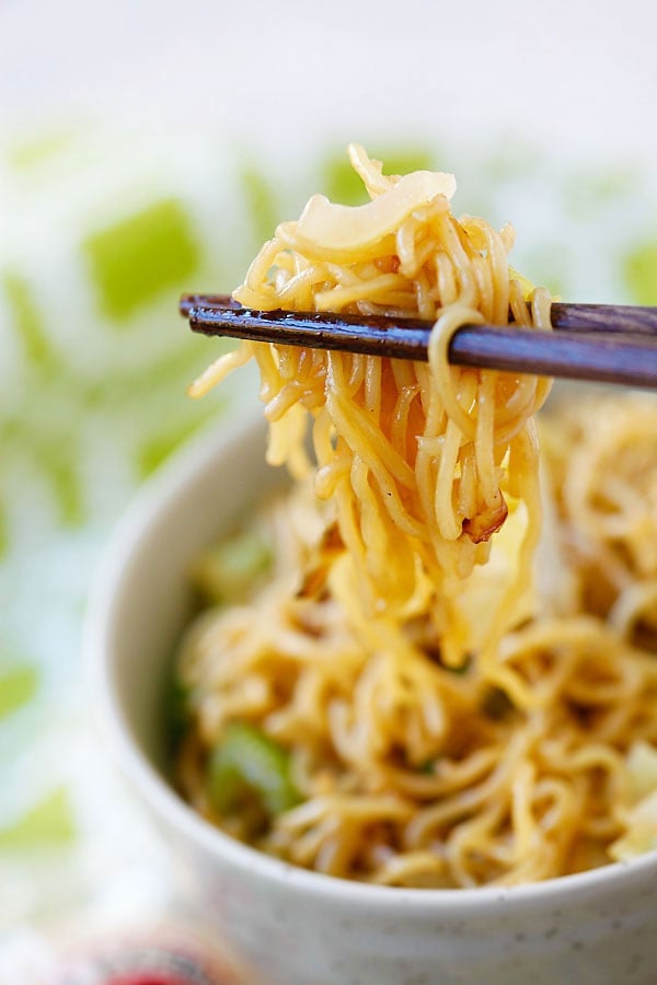 Panda Express copycat recipe Chow Mein picked with a pair of chopsticks.