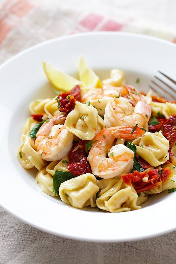 Garlic Shrimp Tortellini in a plate.