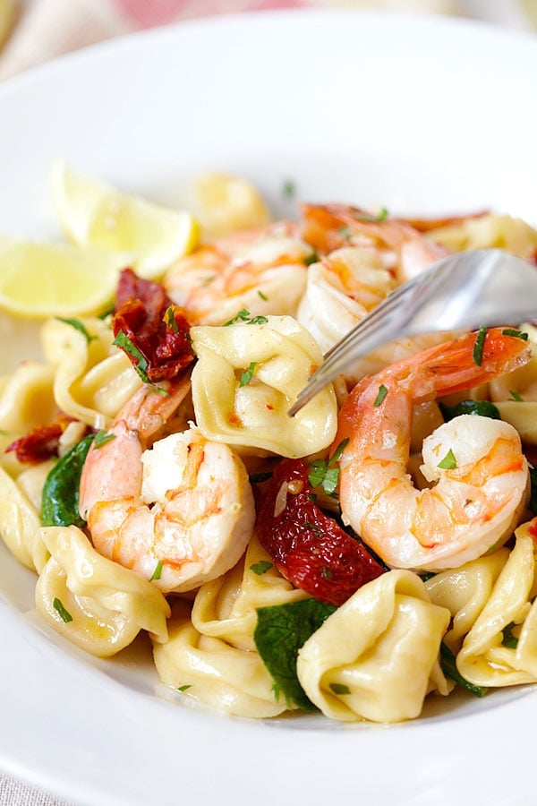 Healthy homemade Garlic Shrimp Tortellini pasta ready to serve.