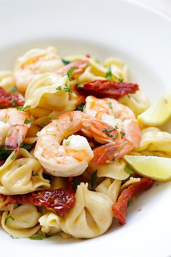 Close up of Garlic Shrimp pasta in a plate.