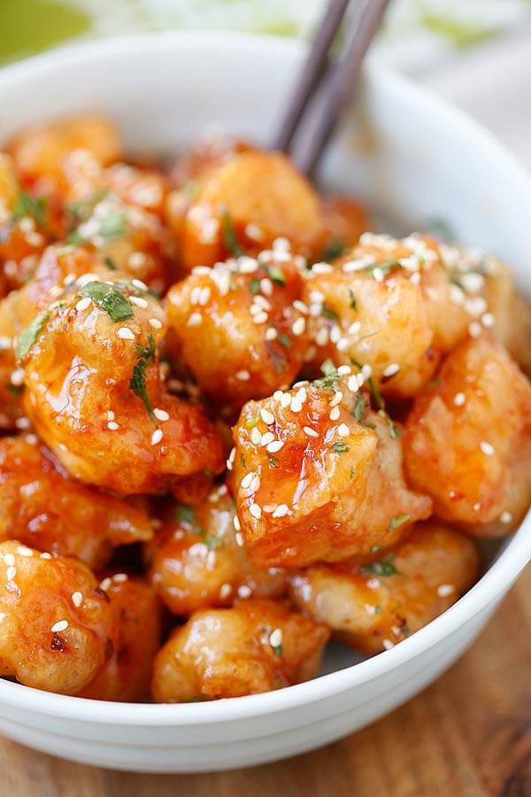 Sweet chili chicken in a bowl.