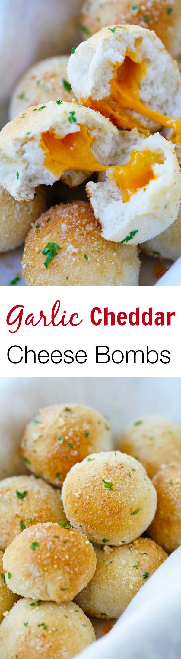 Garlic Cheddar Cheese Bombs – amazing cheese bomb biscuits loaded with Cheddar cheese & topped with Parmesan cheese. | rasamalaysia.com