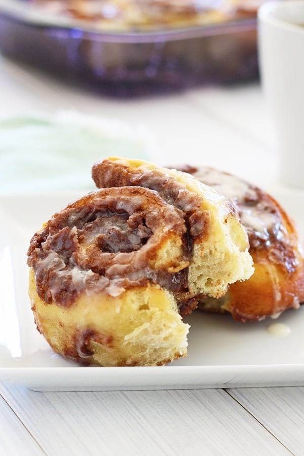 Tasty homemade cinnamon rolls made with pizza dough, ready to serve.
