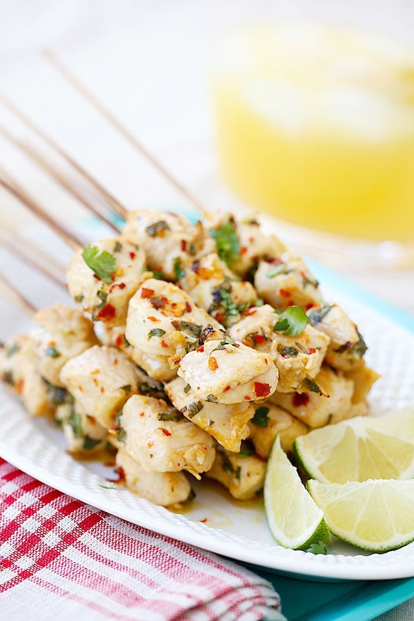 Cilantro Lime Chicken Kebab marinated with cilantro, lime juice and garlic on a plate.