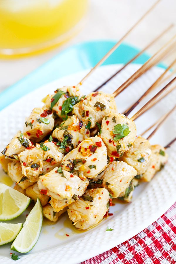 Homemade marinade Cilantro Lime Chicken Kebab skewers on a plate.