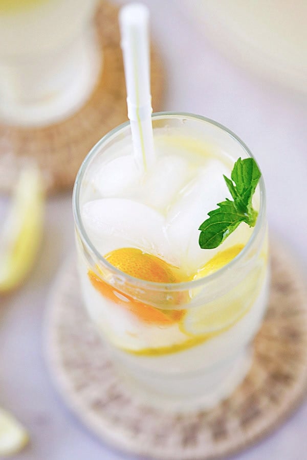 Easy and quick homemade coconut water lemonade serve in a glass.