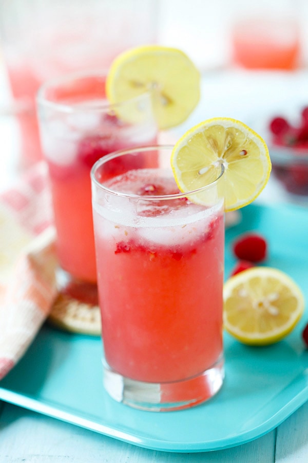 Easy homemade raspberry lemonade juice, ready to serve.