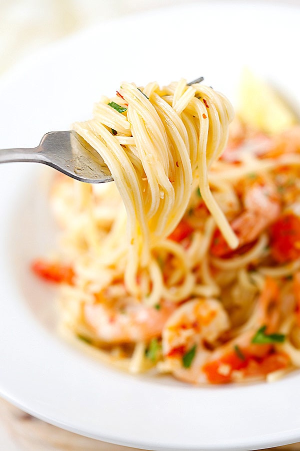 Spicy Shrimp Pasta picked with a fork.