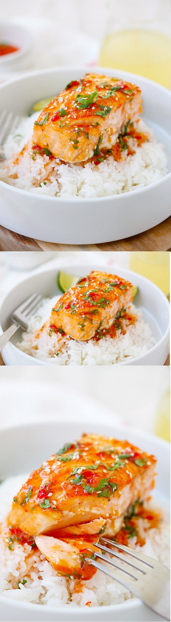 Sweet Chili Salmon - salmone facile e veloce con salsa di peperoncino dolce Thai. La ricetta richiede solo 15 minuti sulla padella o si può cuocere al forno.