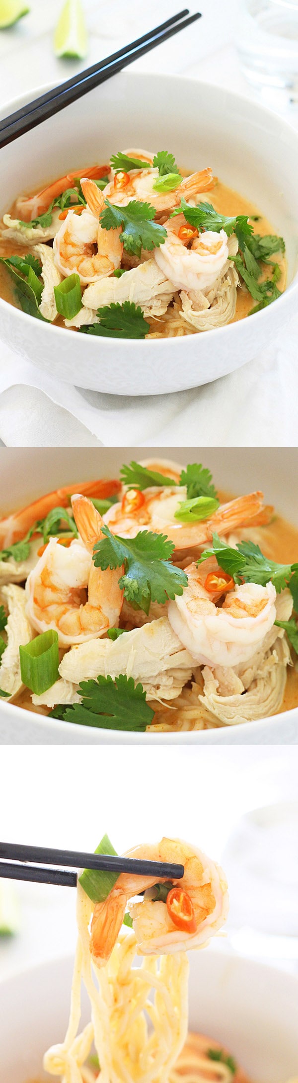 Coconut Curry Noodle Bowl – incredibly delicious, light, and refreshing Coconut Curry Noodle Bowl topped with chicken, shrimp, & herbs. | rasamalaysia.com