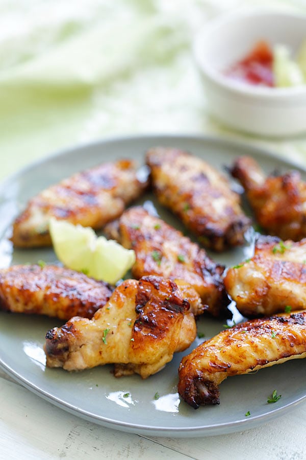 Easy Asian Grilled BBQ Chicken Wings recipe with ginger, garlic, soy sauce and honey.
