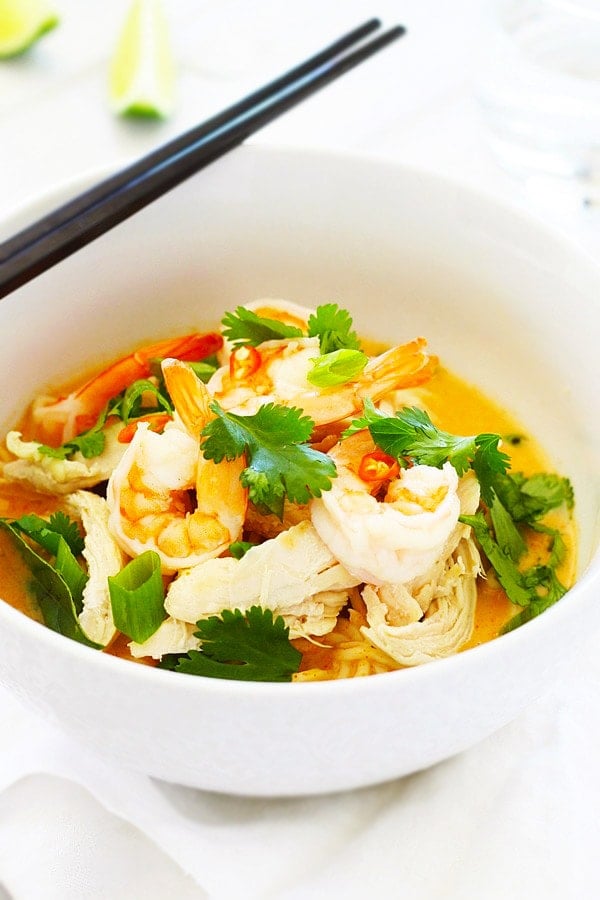 Thai Coconut Curry Noodle with rich coconut curry in a bowl.