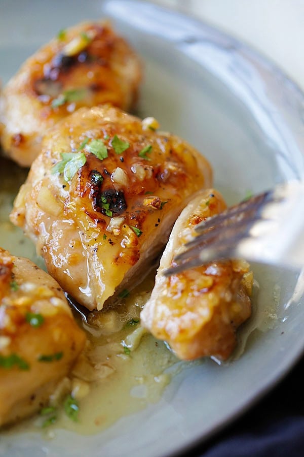 Best Honey Dijon Garlic Chicken with a fork ready to serve.