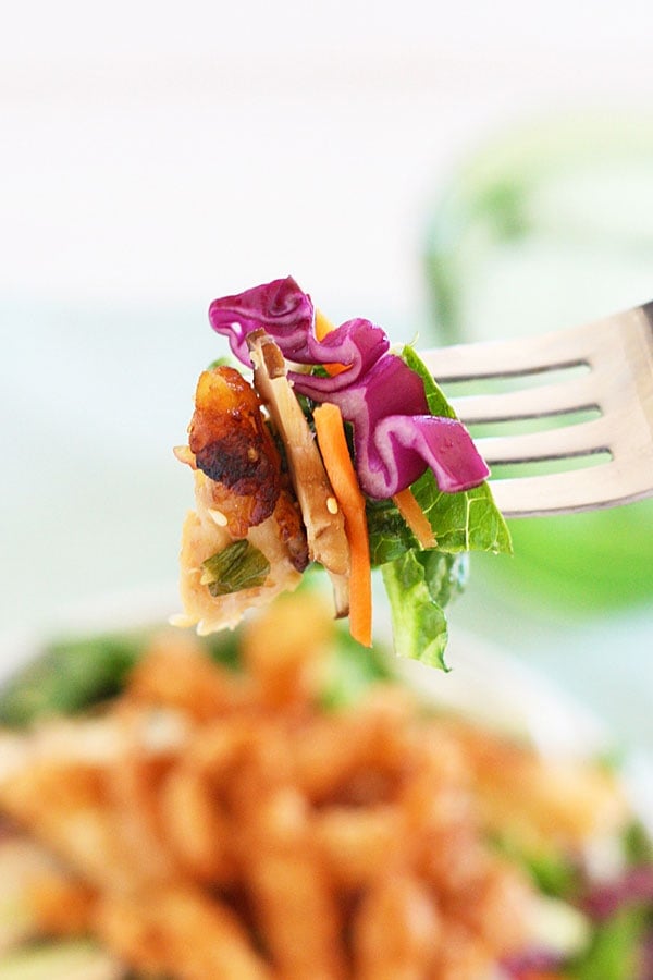 Close up of Chicken salad with homemade Chinese salad dressing.