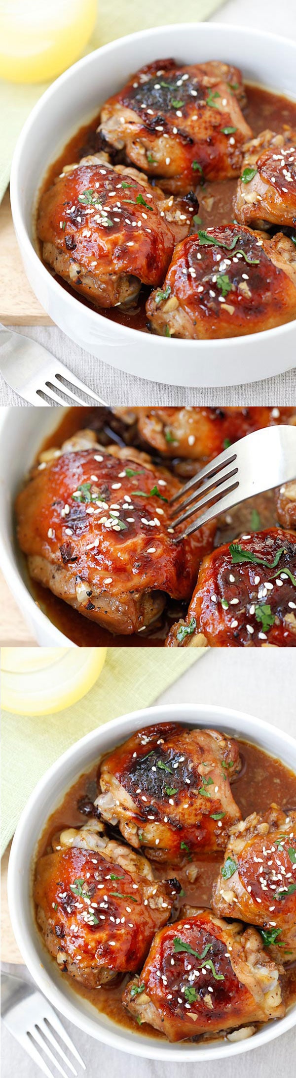 Baked Honey Soy Chicken - moist, tender and juicy chicken thighs marinated with honey, soy sauce, ginger, garlic and baked in oven. Easy dinner for the family! | rasamalaysia.com