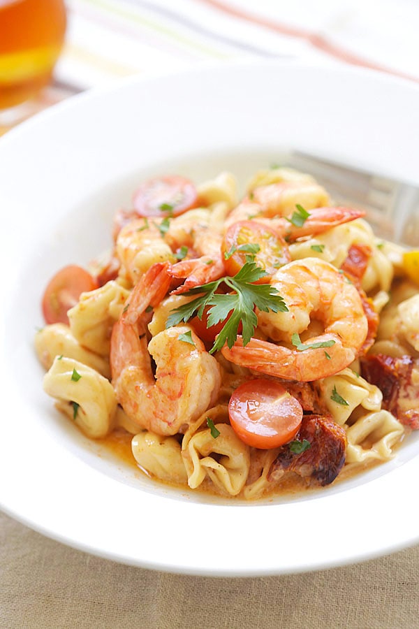 Delicious Italian creamy shrimp & sun-dried tomato tortellini, ready to serve.