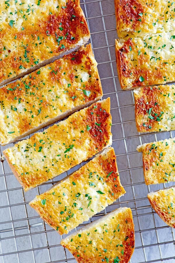 Easy and delicious French Parmesan Garlic Bread on a cooling rack.