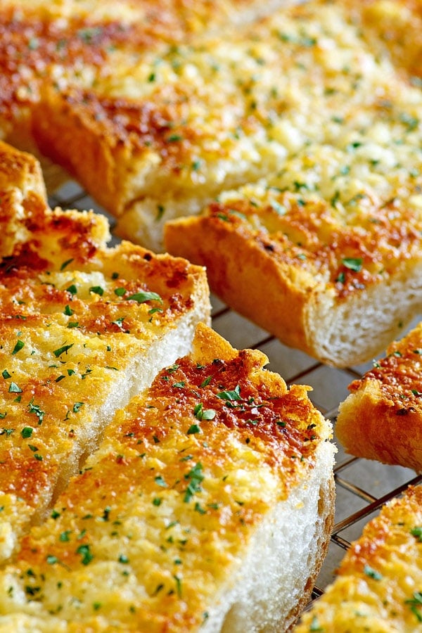 Golden crusty Parmesan garlic bread, ready to serve.