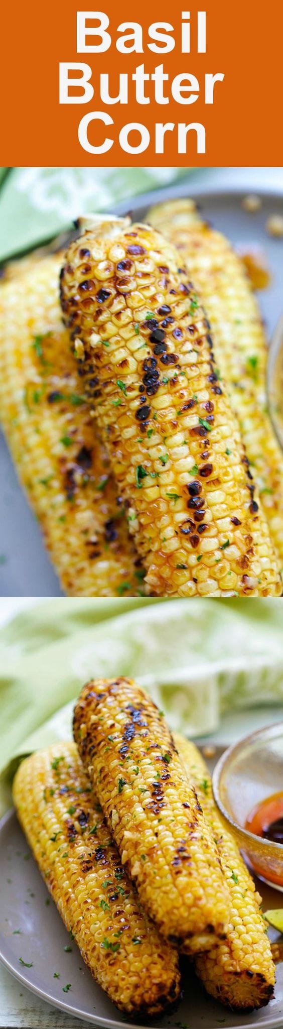 Basil Butter Corn - sweet and juicy corn slathered with homemade basil butter and roasted in the oven. Corns have never tasted SO good | rasamalaysia.com