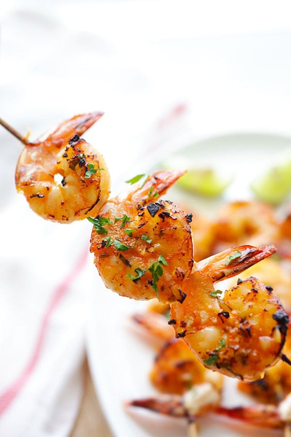 Chili and lime grilled shrimp in a skewer.