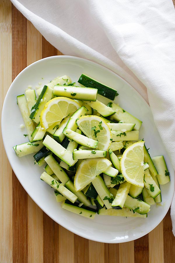 Sauteed zucchini with garlic,  butter and lemon sauce.