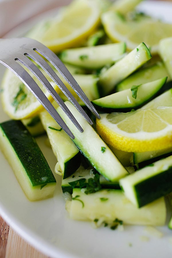 Sauteed zucchini with garlic lemon butter ready to serve.