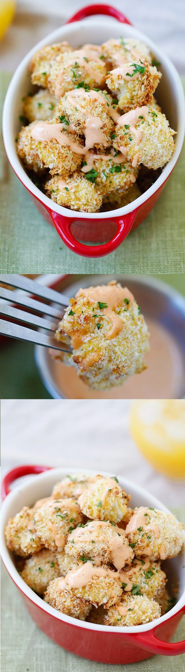 Parmesan Baked Cauliflower – crispy, healthy cauliflower coated with Parmesan cheese and panko bread crumbs. Easy, yummy and so good! | rasamalaysia.com