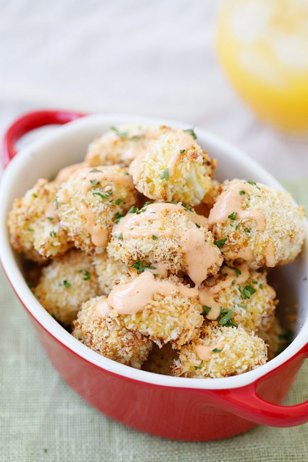 Parmesan Baked Cauliflower topped with Ketchup-Mayo Dipping Sauce.