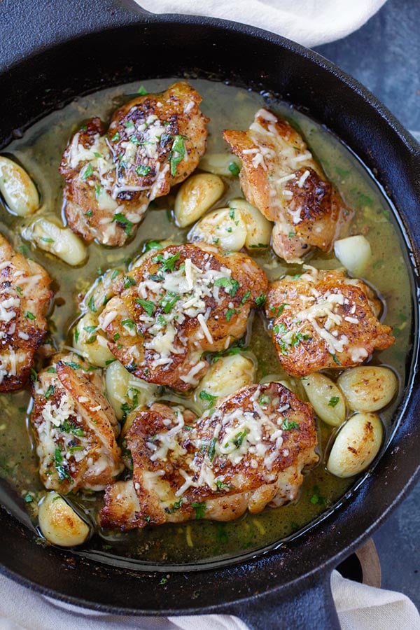 Homemade easy skillet chicken with butter, garlic and parmesan cheese.