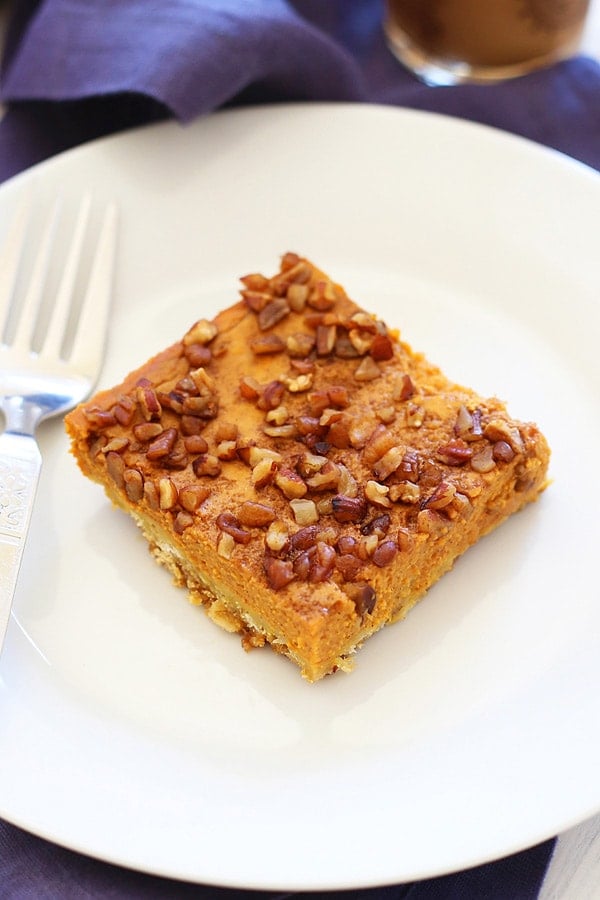 Pumpkin Pecan pie squares topped with loads of toasted pecan nuts.