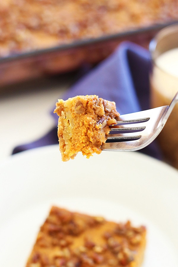 Healthy homemade easy Pumpkin Pecan Pie with a fork, ready to serve.