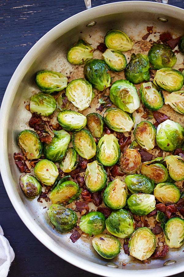 Garlic-Prosciutto Brussels Sprouts in a skillet.