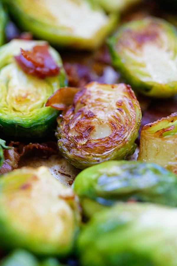 Close up buttery Garlic-Prosciutto Brussels Sprouts.