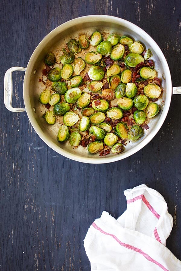 Sauteed and roasted Garlic-Prosciutto Brussels Sprouts ready to serve.