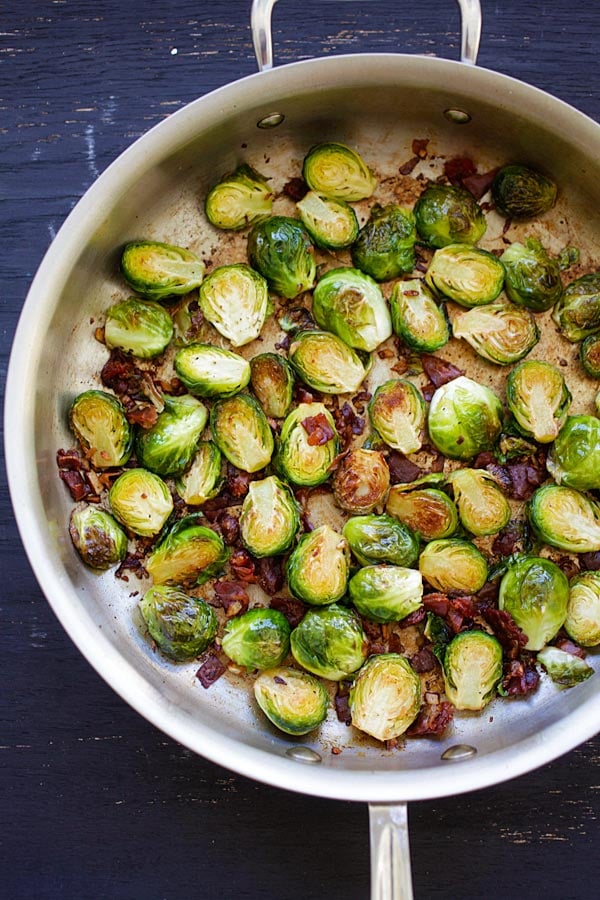 Top down view of roasted Garlic-Prosciutto Brussels Sprouts.